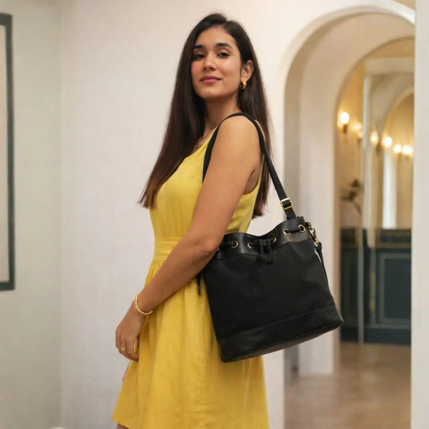 Bucket Crossbody Bag for Women - Black