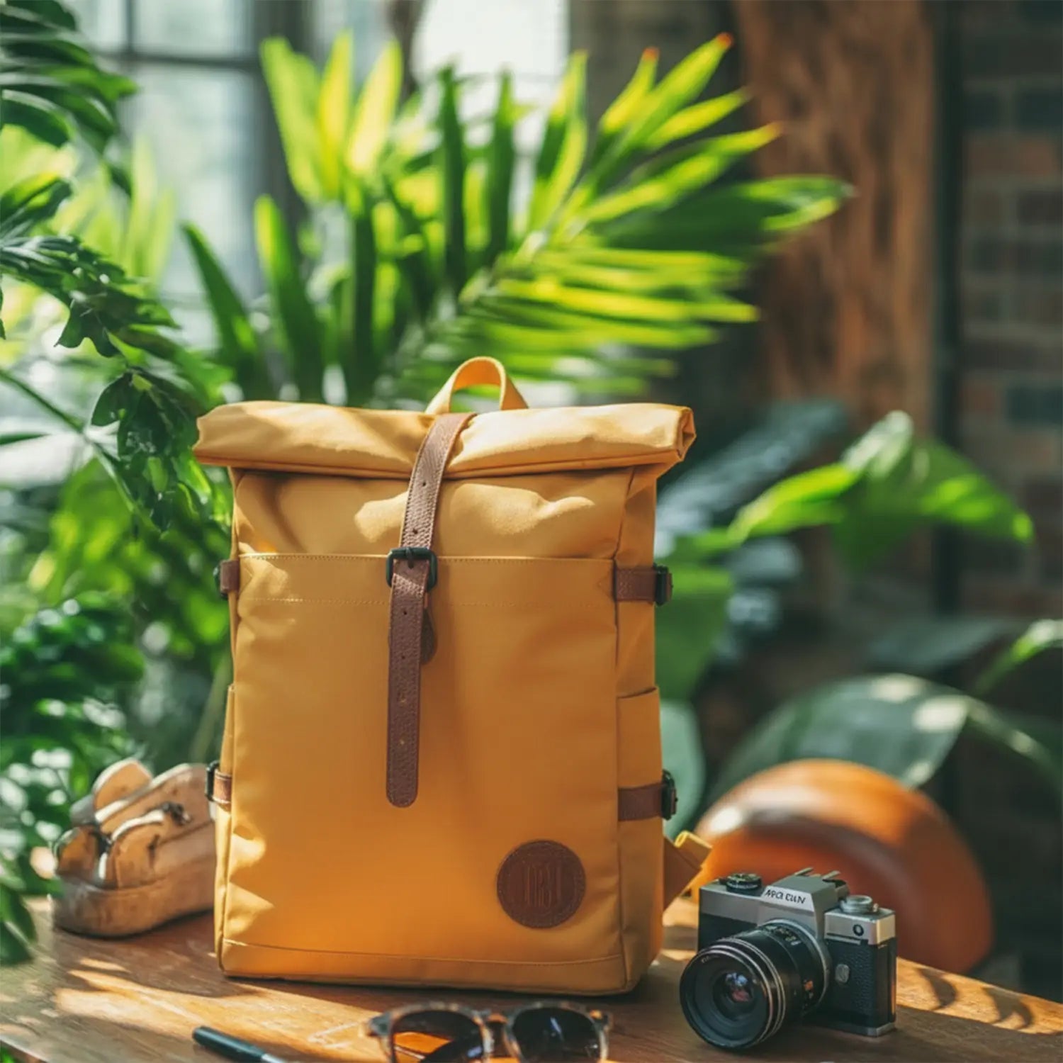 Yellow backpack with brown straps on a wooden surface with plants in the background