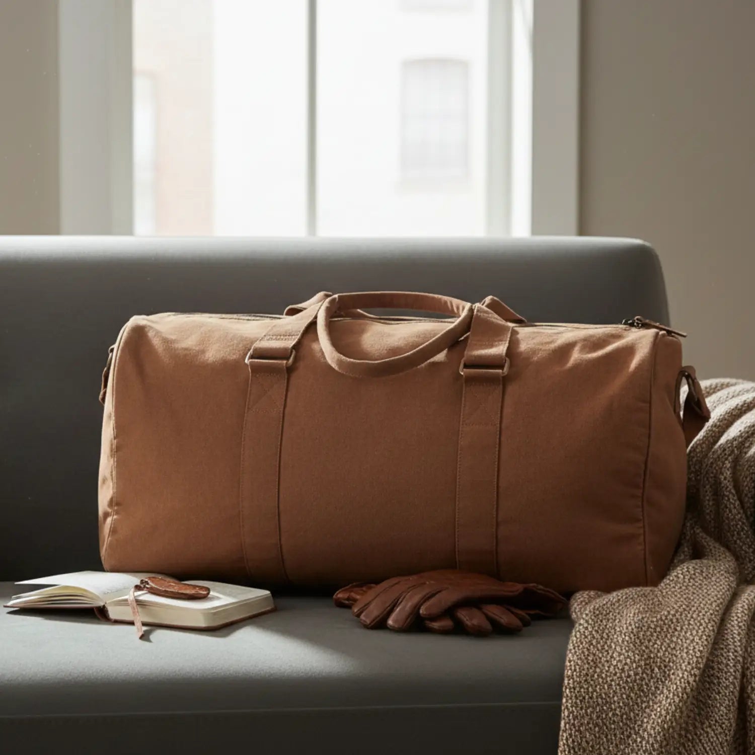 Brown duffel bag on a gray sofa with a book and gloves next to it.
