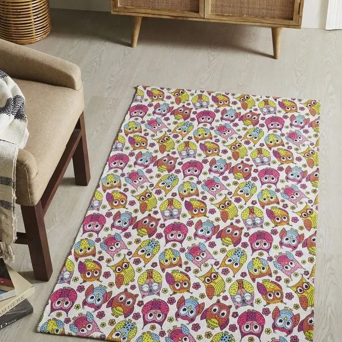 Printed Owl Kids Room Dhurrie Carpet Rug Runner - 3 X 5 Feet Multi Color Children's Room Floor Mat
