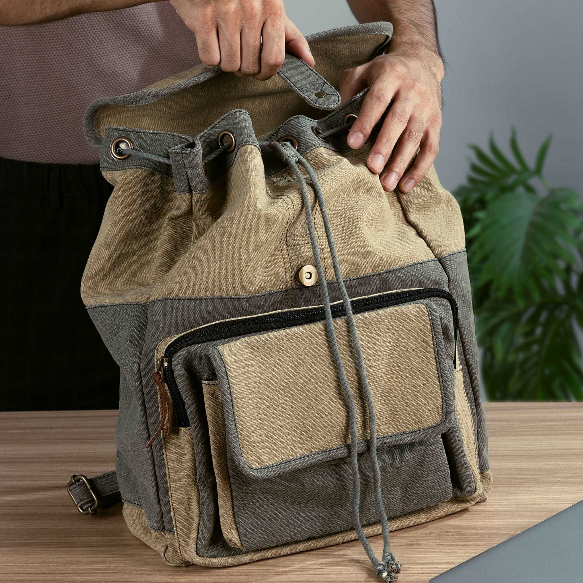 Mona B - Stone 100% Cotton Canvas Back Pack for Offices Schools and Colleges with Two Outside Pockets and Stylish Design for Men and Women