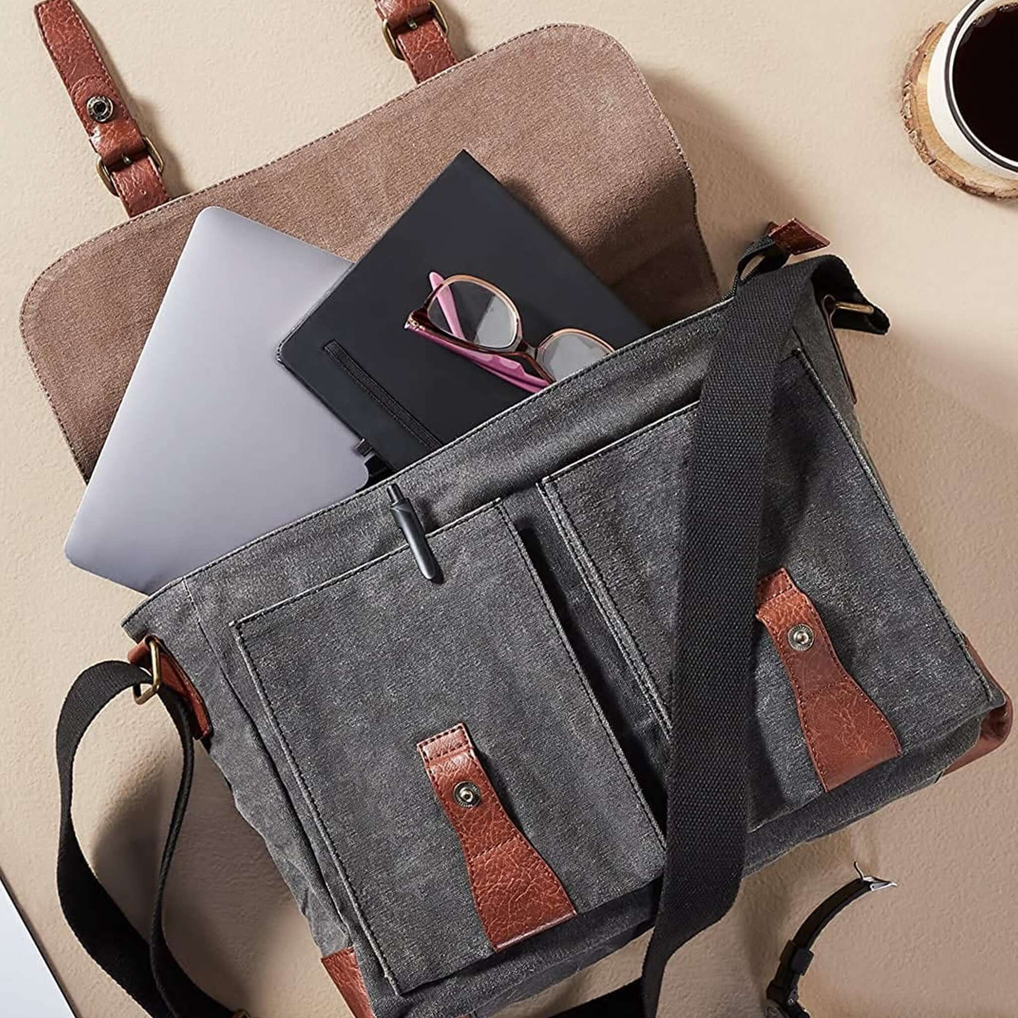 Mona B - Upcycled Canvas Messenger Crossbody Laptop Bag for Upto 14" Laptop/Mac Book/Tablet with Stylish Design for Men and Women: Flap