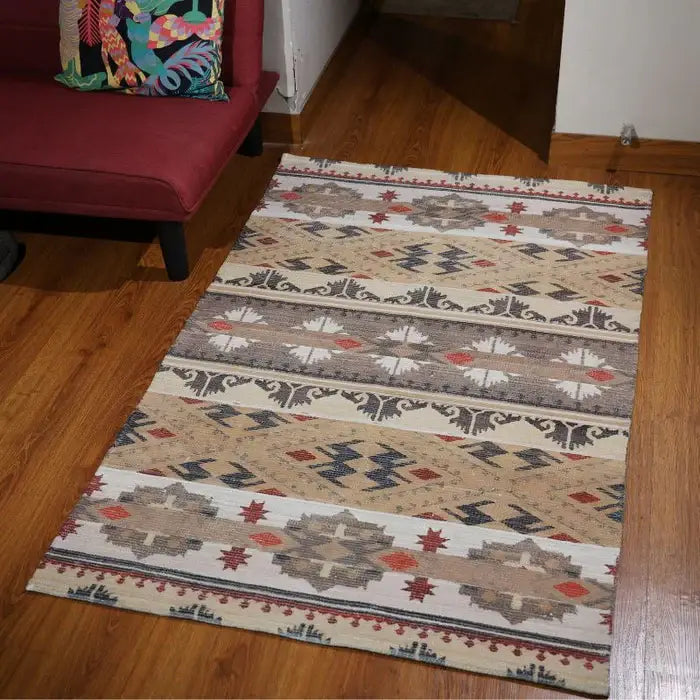 Mona B - Printed Vintage Dhurrie Carpet Rug Runner Floor Mat for Living Room Bedroom: 3.5 X 5.5 Feet Multi Color - BR-501 RGM