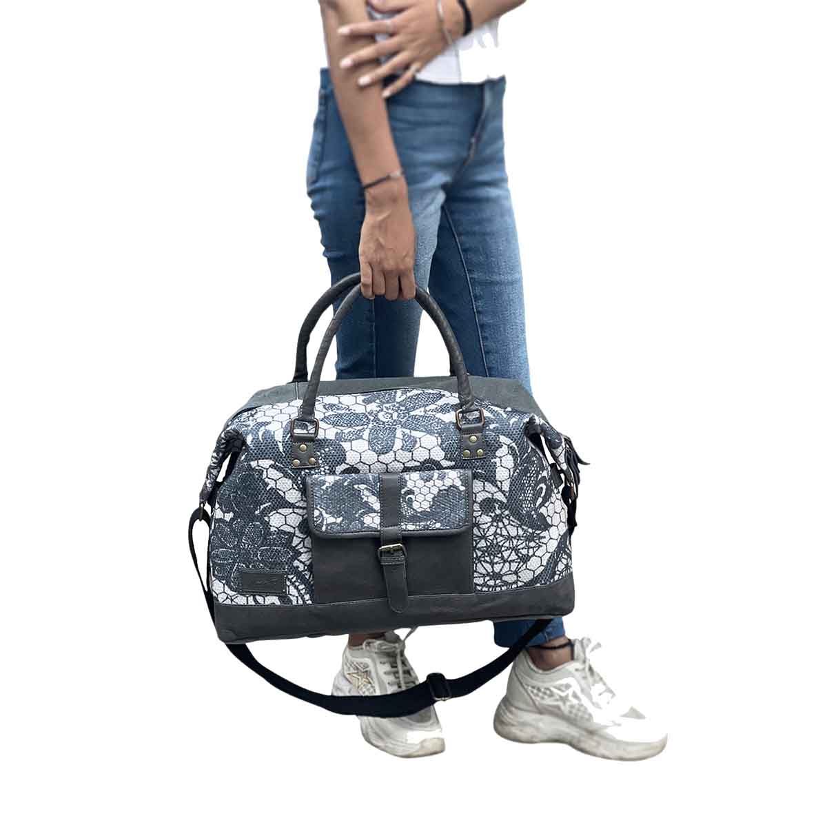 Mona B - Canvas Large Duffel Gym Travel and Sports Bag with Stylish Design for Men and Women (Grey, Kilim) - (M-7011)