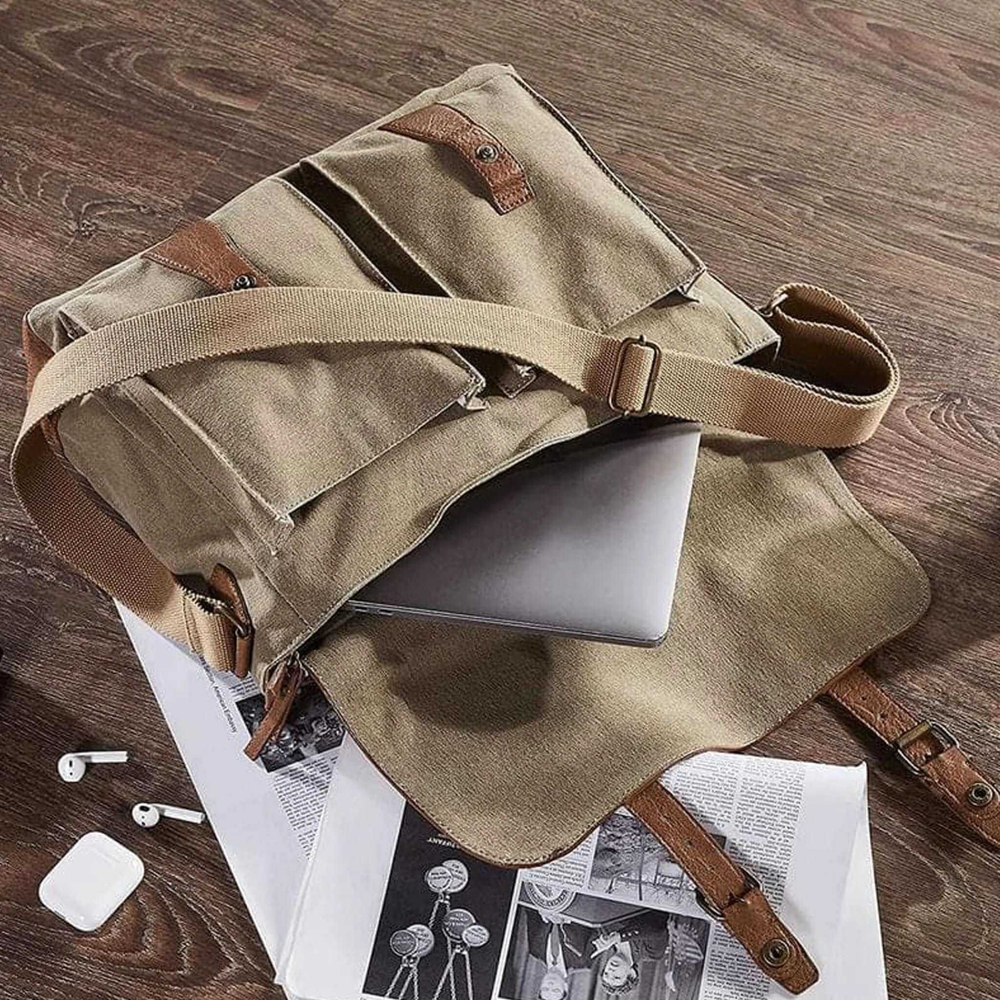 Mona B - Brown 100% Cotton Canvas Messenger Crossbody Laptop Bag for Upto 14" Laptop/Mac Book/Tablet with Stylish Design for Men and Women