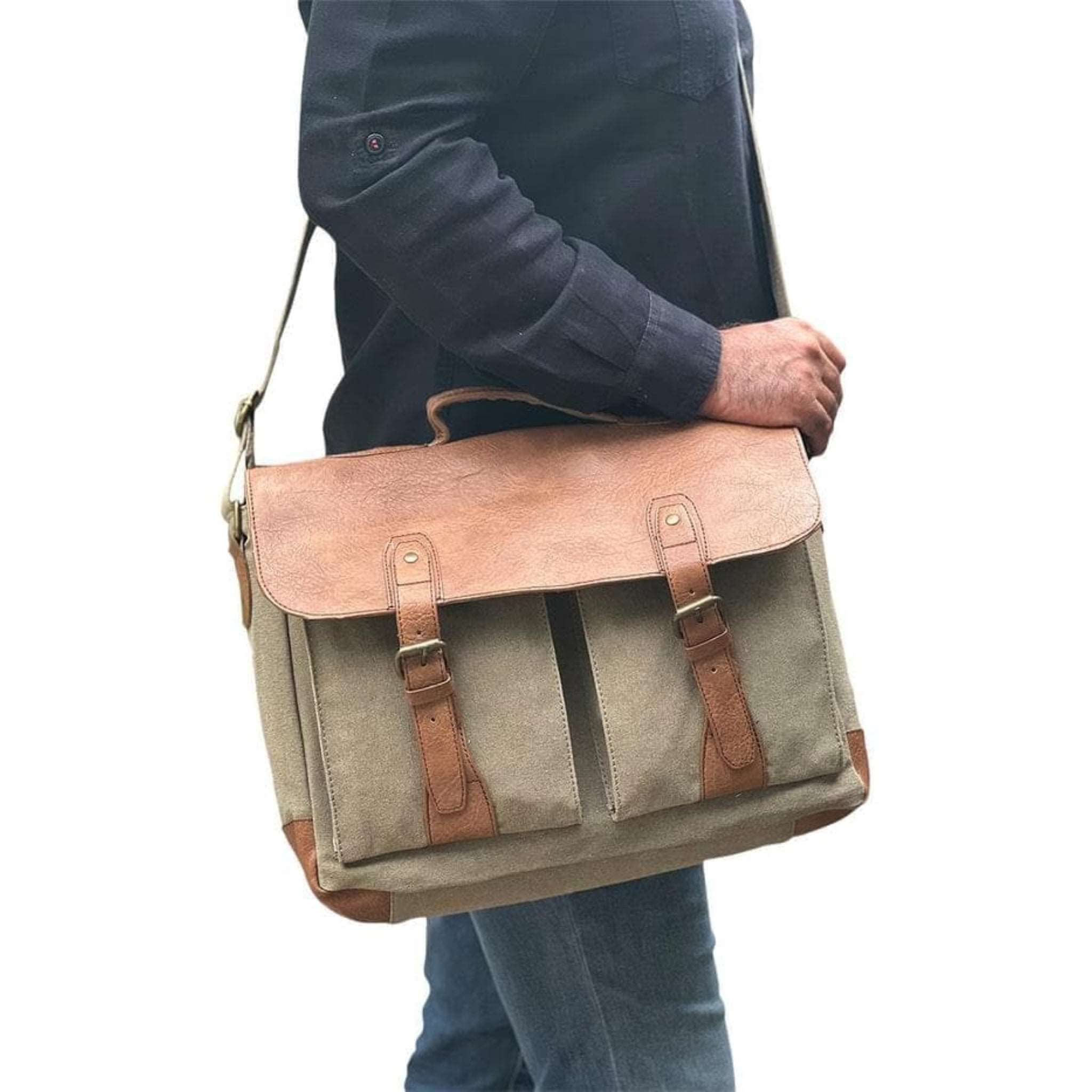 Mona B - Brown 100% Cotton Canvas Messenger Crossbody Laptop Bag for Upto 14" Laptop/Mac Book/Tablet with Stylish Design for Men and Women