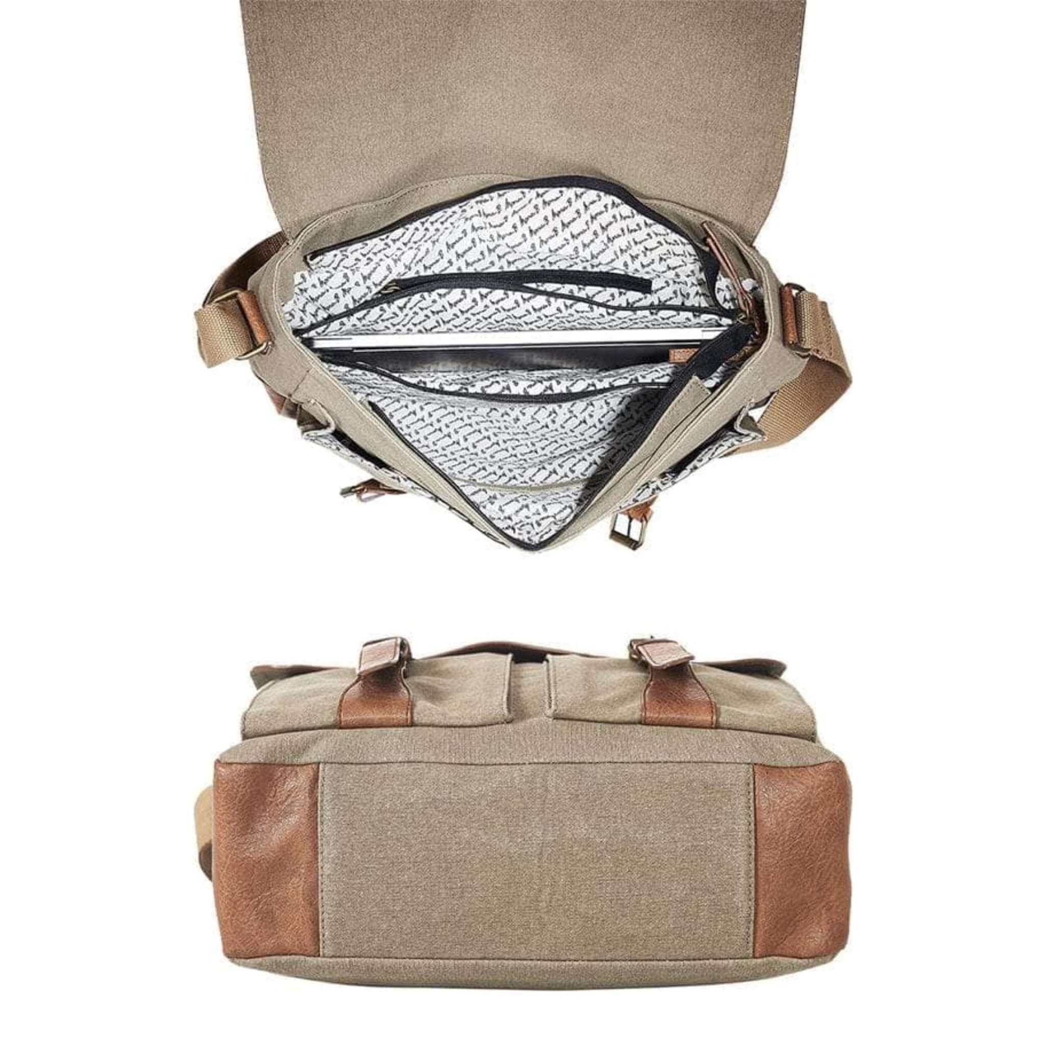 Mona B - Brown 100% Cotton Canvas Messenger Crossbody Laptop Bag for Upto 14" Laptop/Mac Book/Tablet with Stylish Design for Men and Women