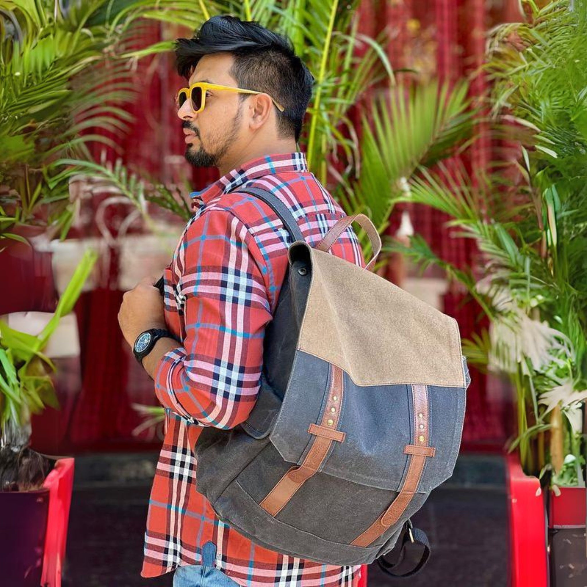Mona B - Navy 100% Cotton Canvas Back Pack for Offices Schools and Colleges with Two Outside Pockets and Stylish Design for Men and Women