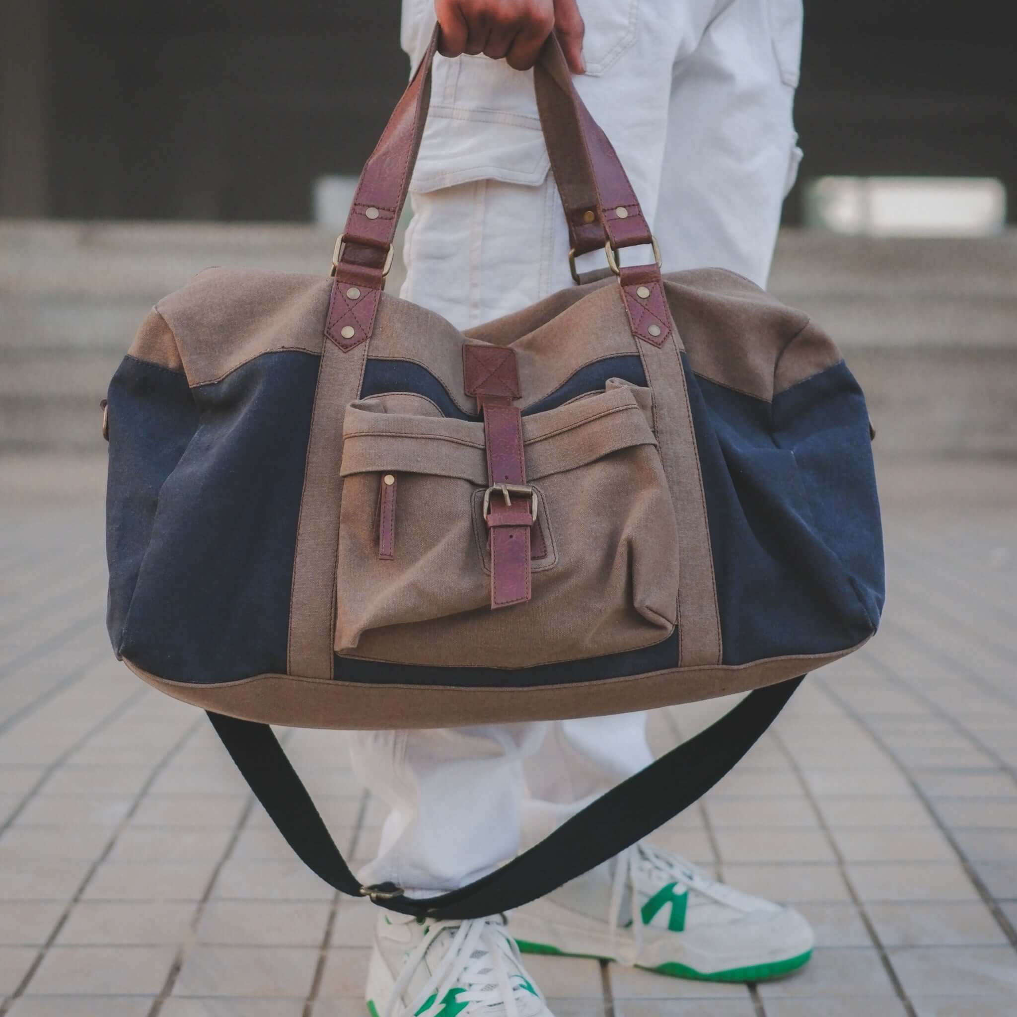 Mona B - Navy 100% Cotton Canvas Duffel Gym Travel and Sports Bag with Outside Zippered Pocket and Stylish Design for Men and Women