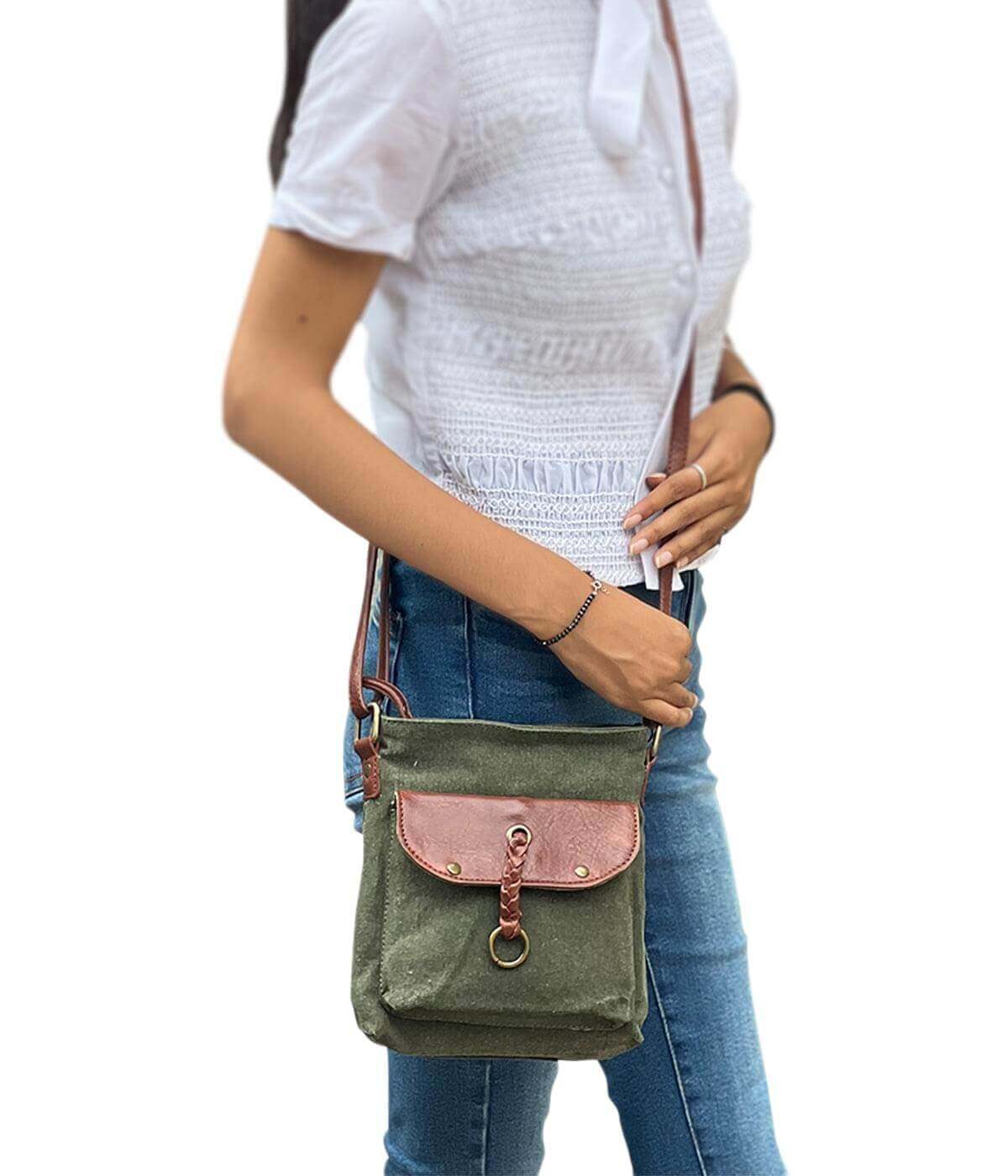 Mona B - 100% Cotton Canvas Small Messenger Crossbody Vintage Sling Bag with Stylish Design for Women (Forest Green)