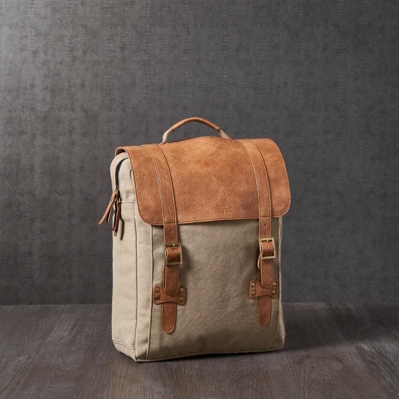 Mona B - Brown 100% Cotton Canvas Back Pack for Offices Schools and Colleges with Two Outside Pockets and Stylish Design for Men and Women