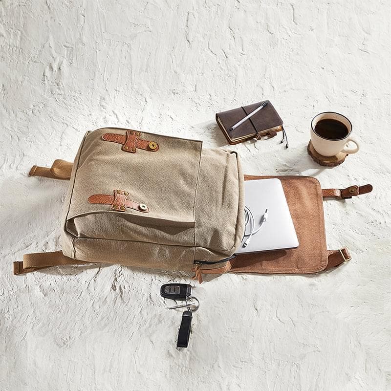 Mona B - Brown 100% Cotton Canvas Back Pack for Offices Schools and Colleges with Two Outside Pockets and Stylish Design for Men and Women