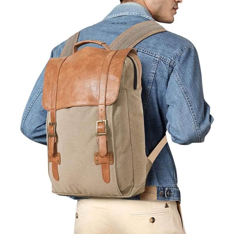 Mona B - Brown 100% Cotton Canvas Back Pack for Offices Schools and Colleges with Two Outside Pockets and Stylish Design for Men and Women