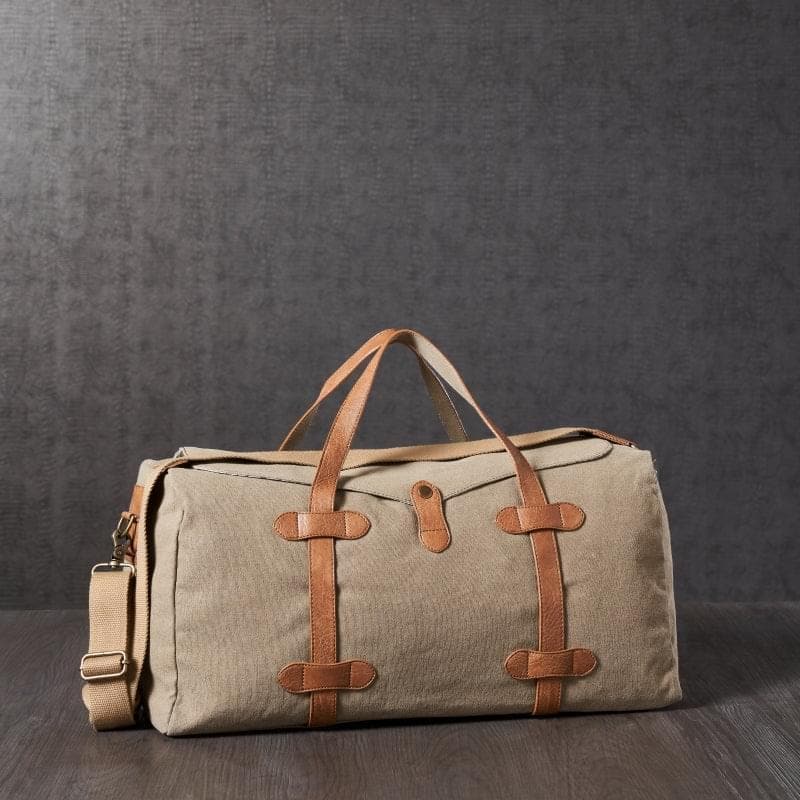 Mona B - Brown 100% Cotton Canvas Duffel Gym Travel and Sports Bag with Outside Zippered Pocket and Stylish Design for Men and Women