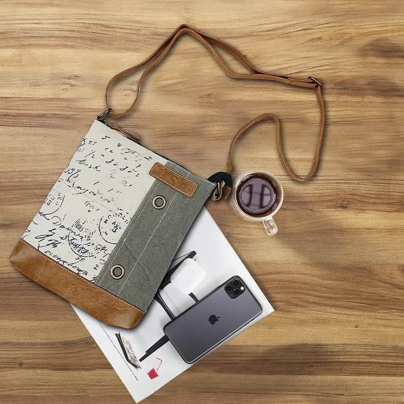 Mona B - Cotton Canvas Messenger Crossbody Sling Bag with Stylish Design for Women: Vintage Script Cream