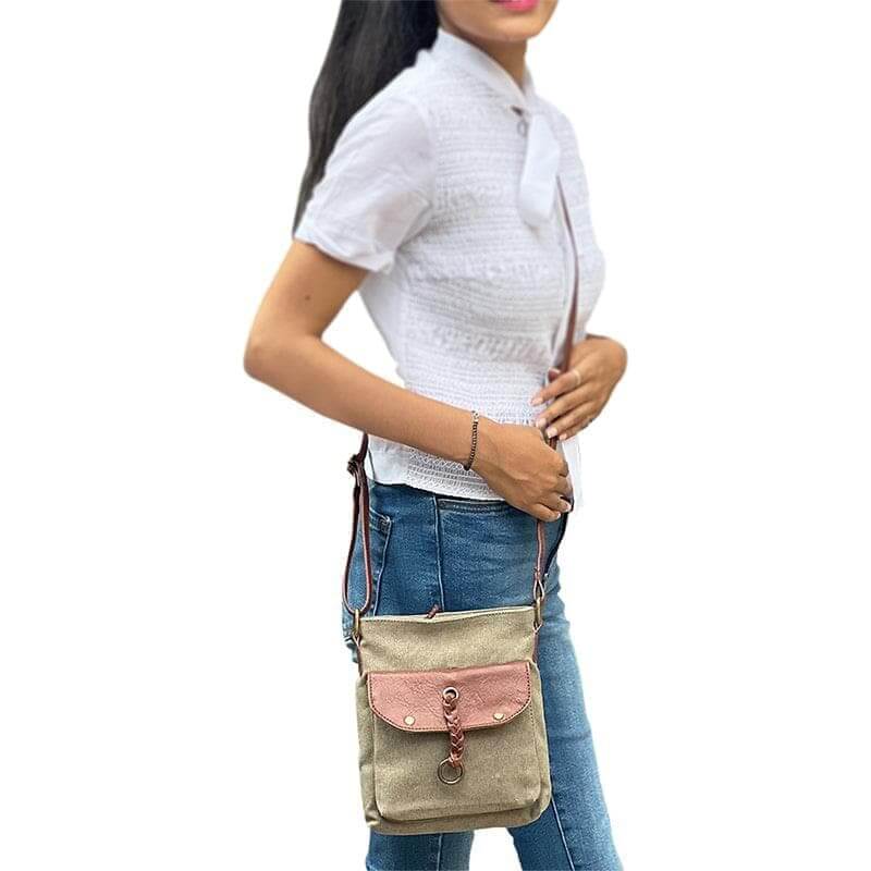 Mona B - Cotton Canvas Small Multicolor Messenger Crossbody Vintage Sling Bag with Stylish Design for Women (Stone)