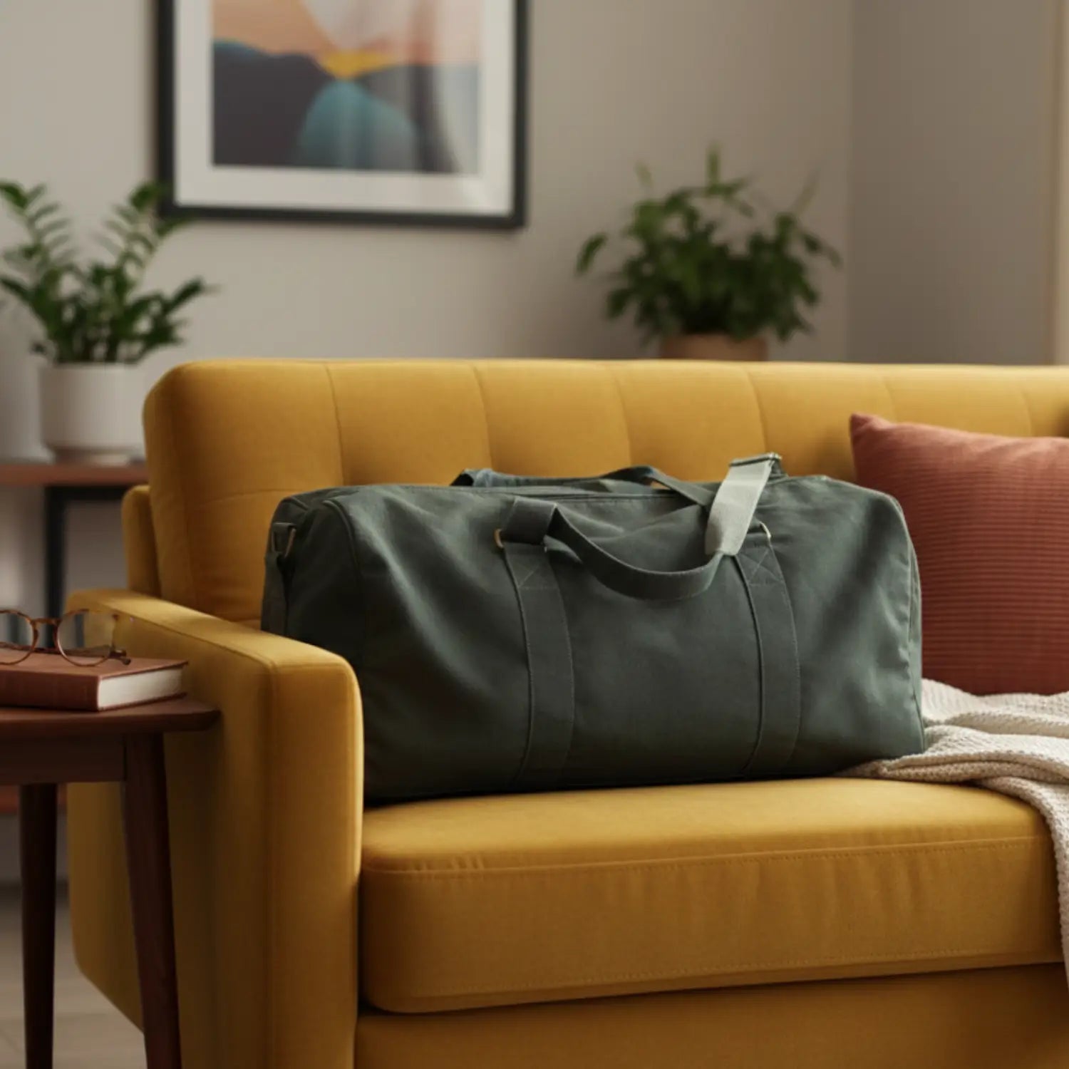 Green duffel bag on a yellow couch with a blurred background