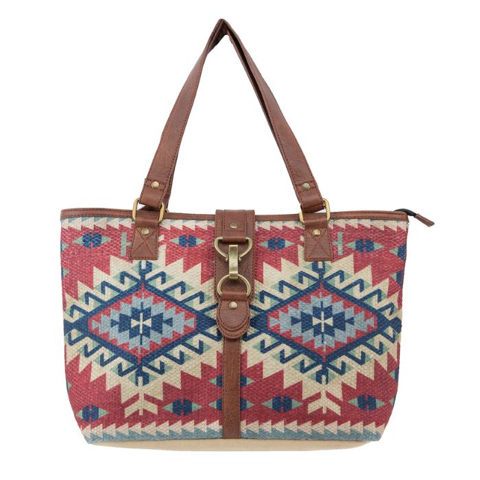 Tote bag with geometric pattern and brown straps on a white background