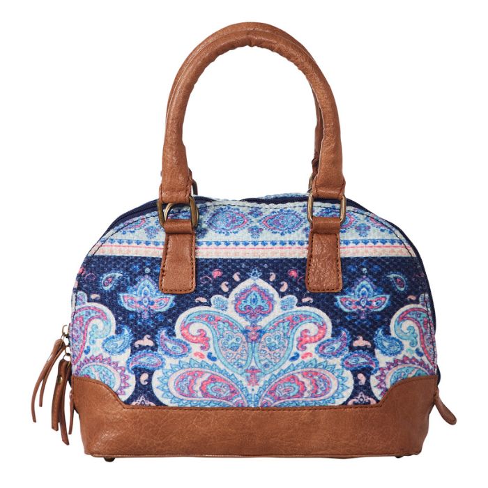 women Handbag with paisley pattern and brown handles on a white background