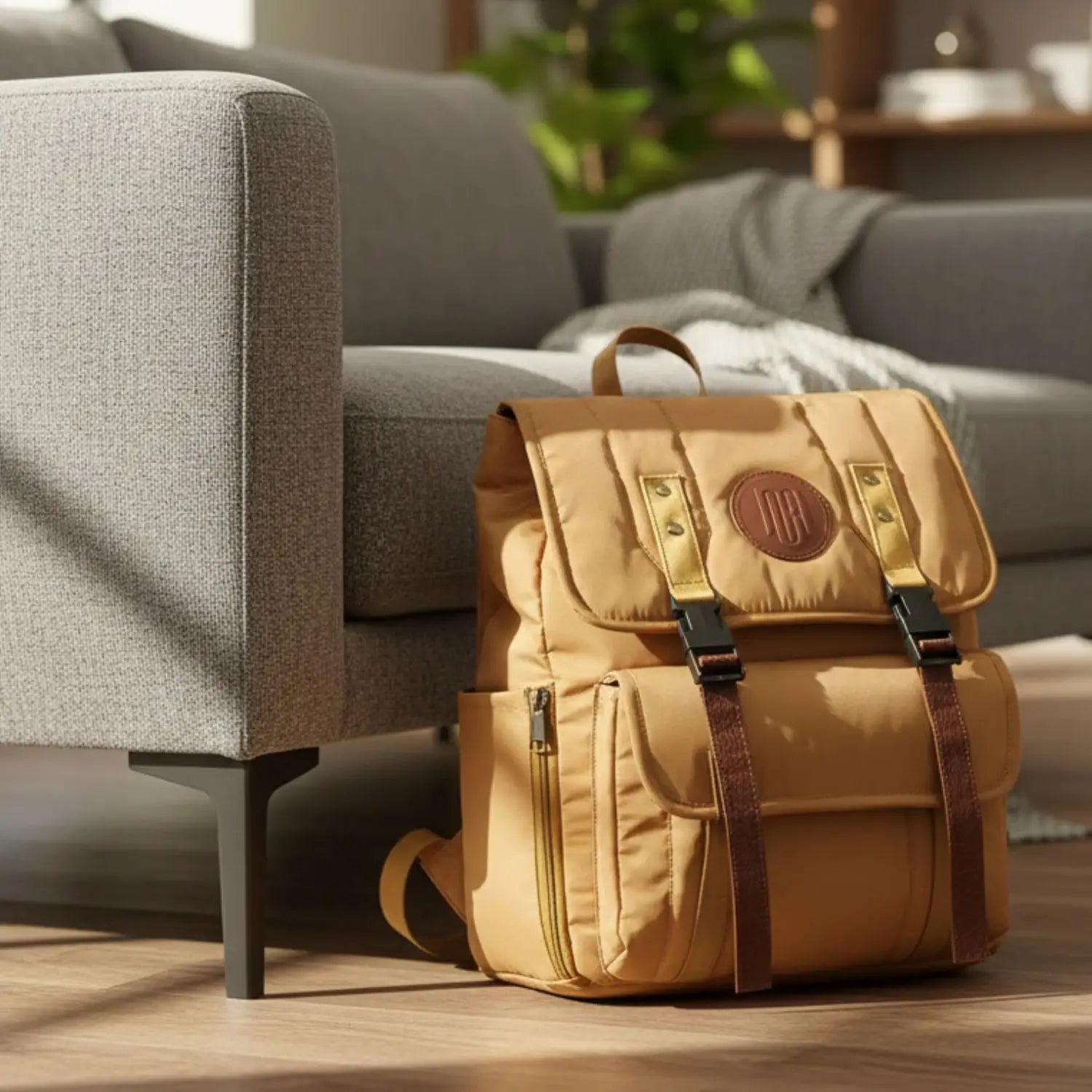 Mustard backpack on a wooden floor with a gray sofa and plant in the background
