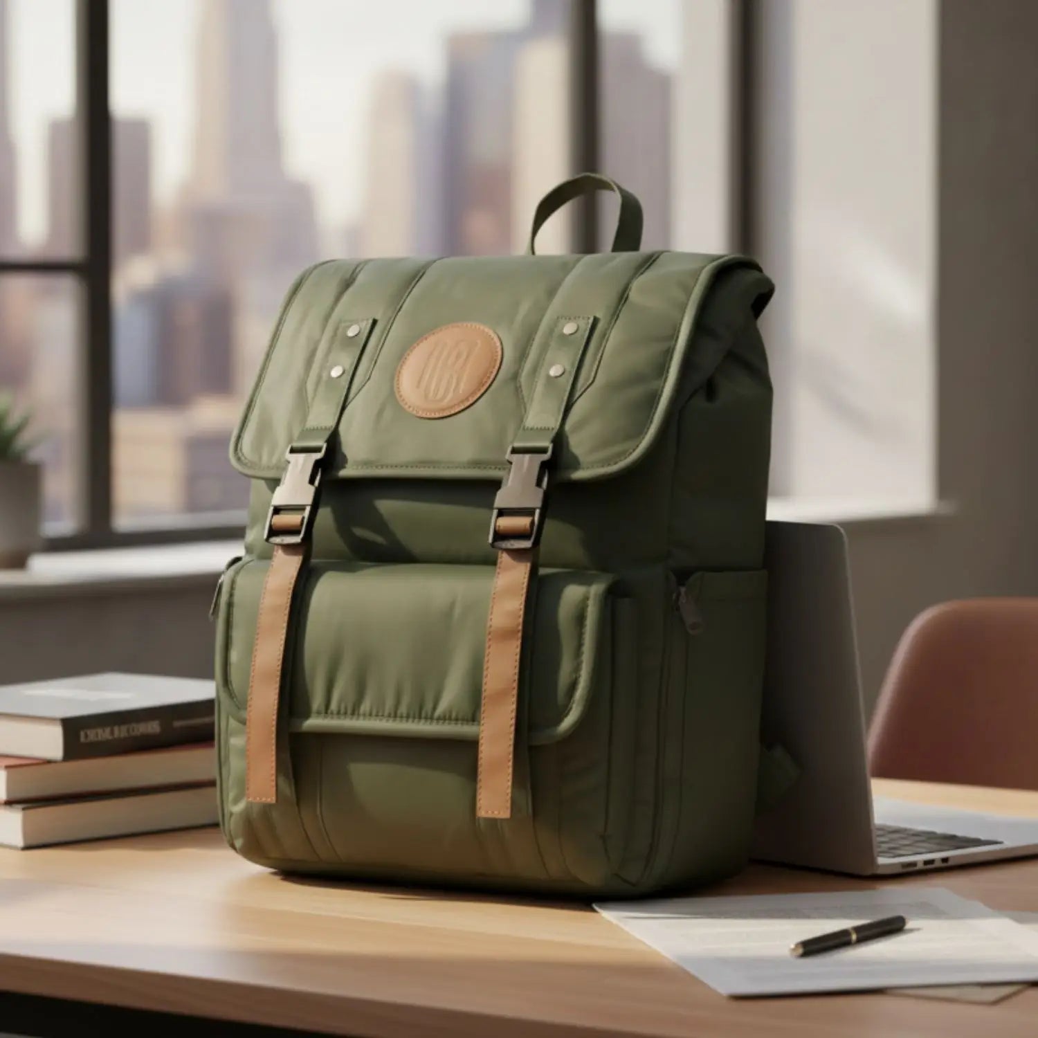 Green backpack on a desk with a cityscape in the background