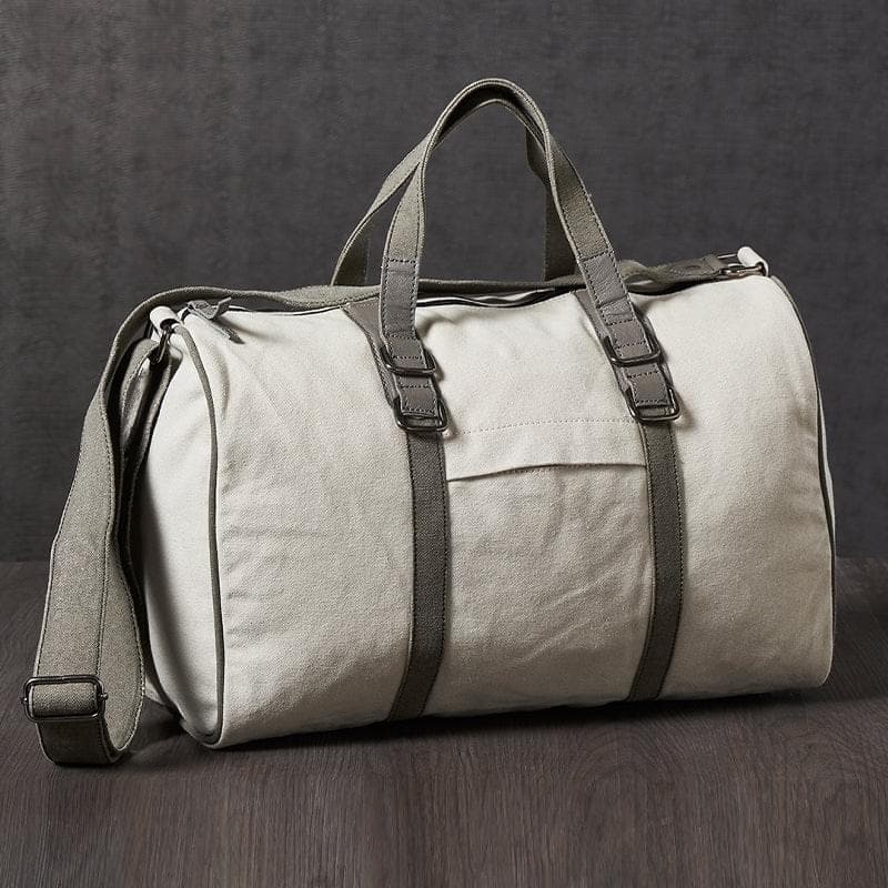 Mona B - Ice Grey 100% Cotton Canvas Duffel Gym Travel and Sports Bag with Outside Pocket and Stylish Design for Men and Women
