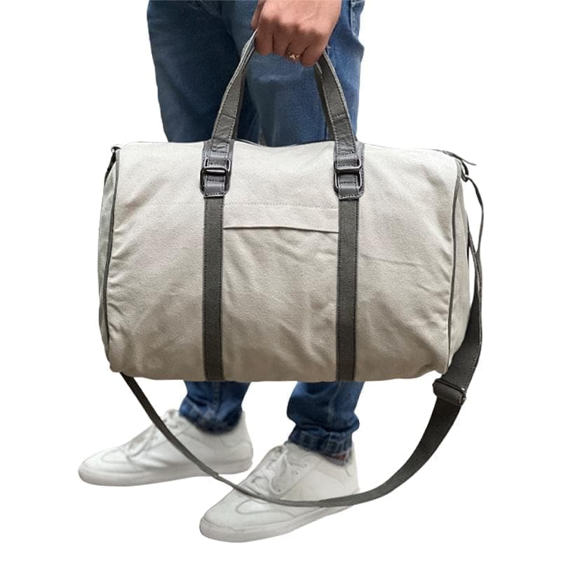 Mona B - Ice Grey 100% Cotton Canvas Duffel Gym Travel and Sports Bag with Outside Pocket and Stylish Design for Men and Women
