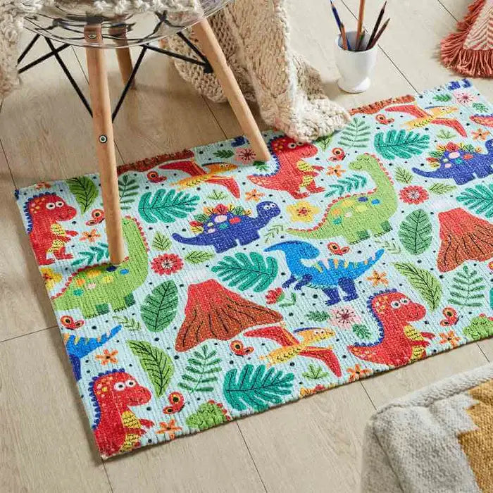 Printed Dinosaur Kids Dhurrie Carpet Rug Floor Mat: 2x3 Feet - Colorful Play Mat