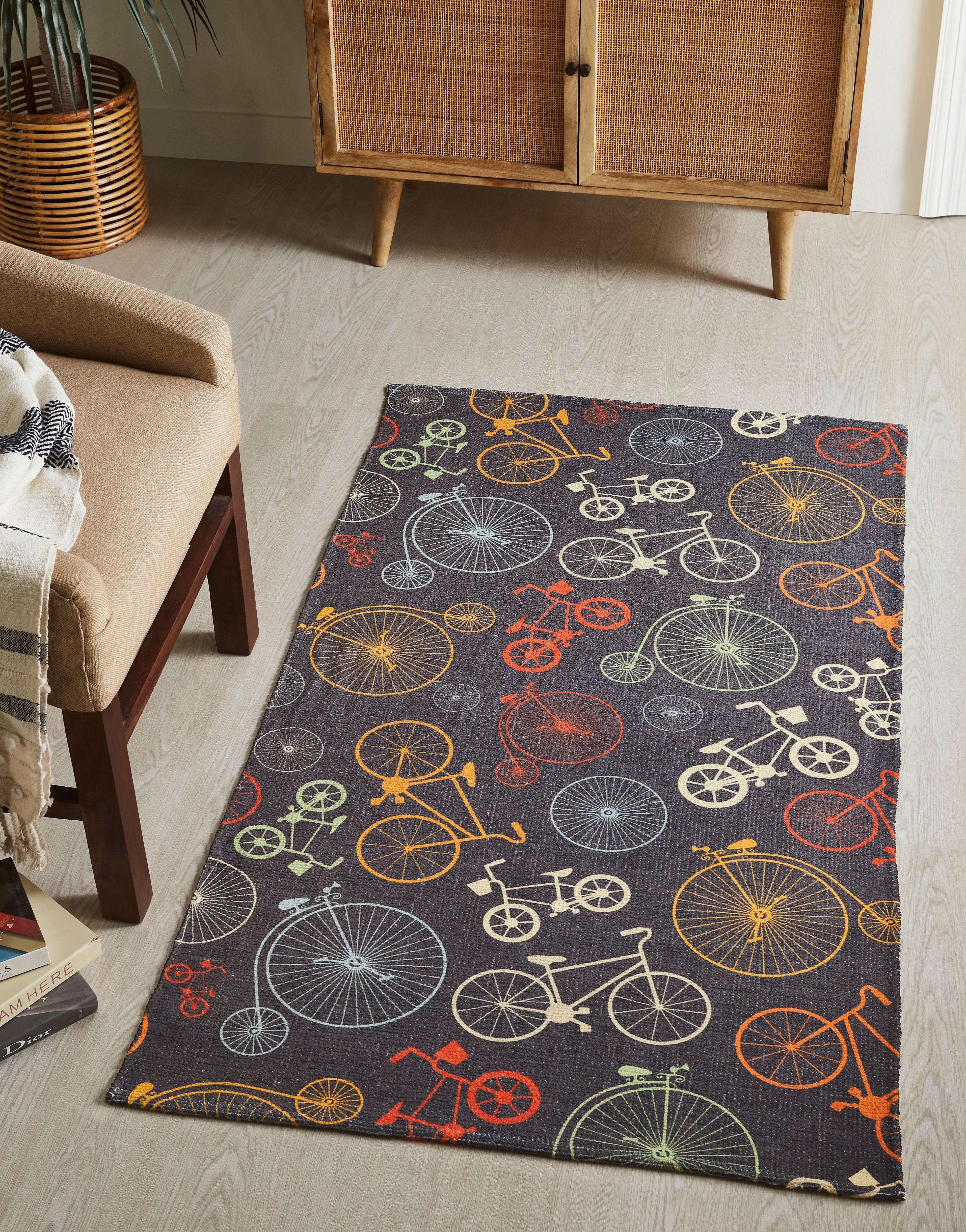 Mona B - Printed Cycle Kids Room Dhurrie Carpet Rug Runner Floor Mat for Living Room Bedroom: 3 X 5 Feet Multi Color - PR-110 (3660)