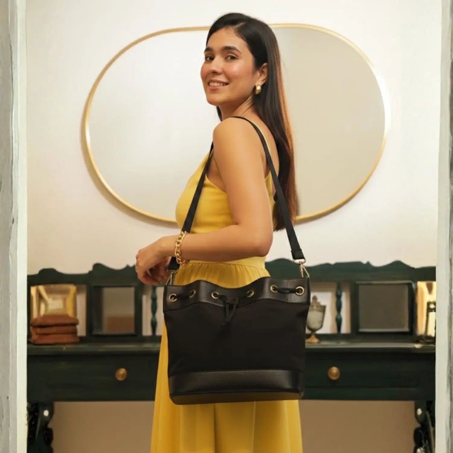 Bucket Crossbody Bag for Women - Black