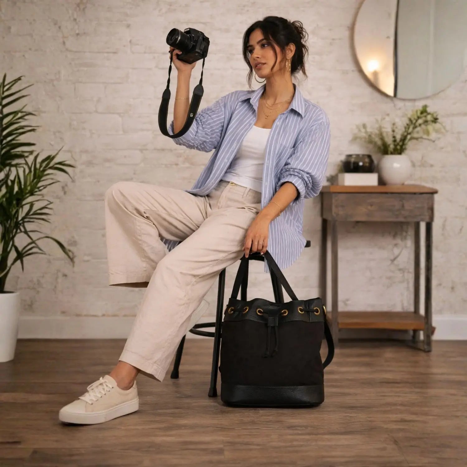 Bucket Crossbody Bag for Women - Black