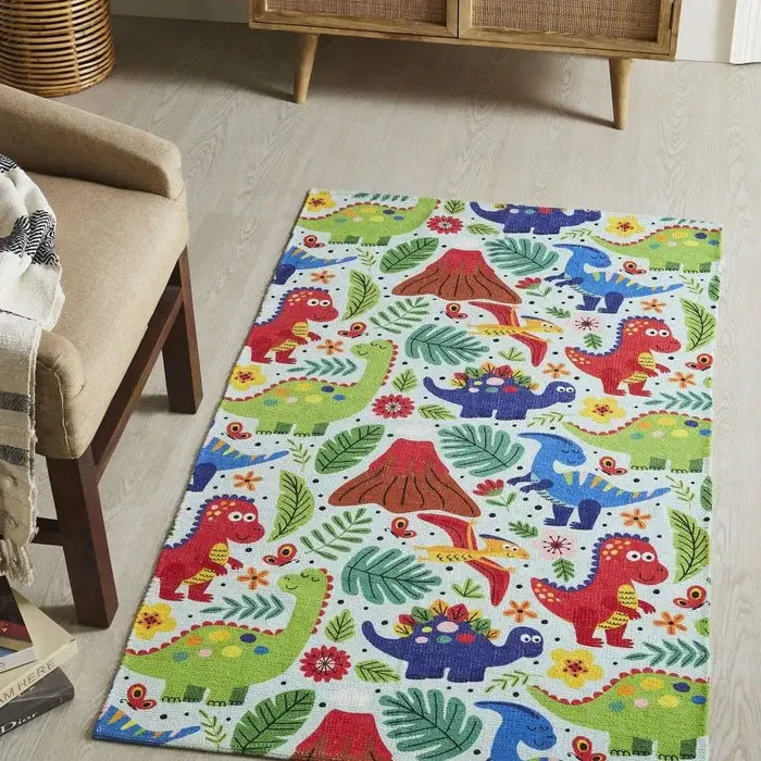 Dinosaur Kids Dhurrie Carpet 3x5 Feet - Colorful Floor Mat for Children