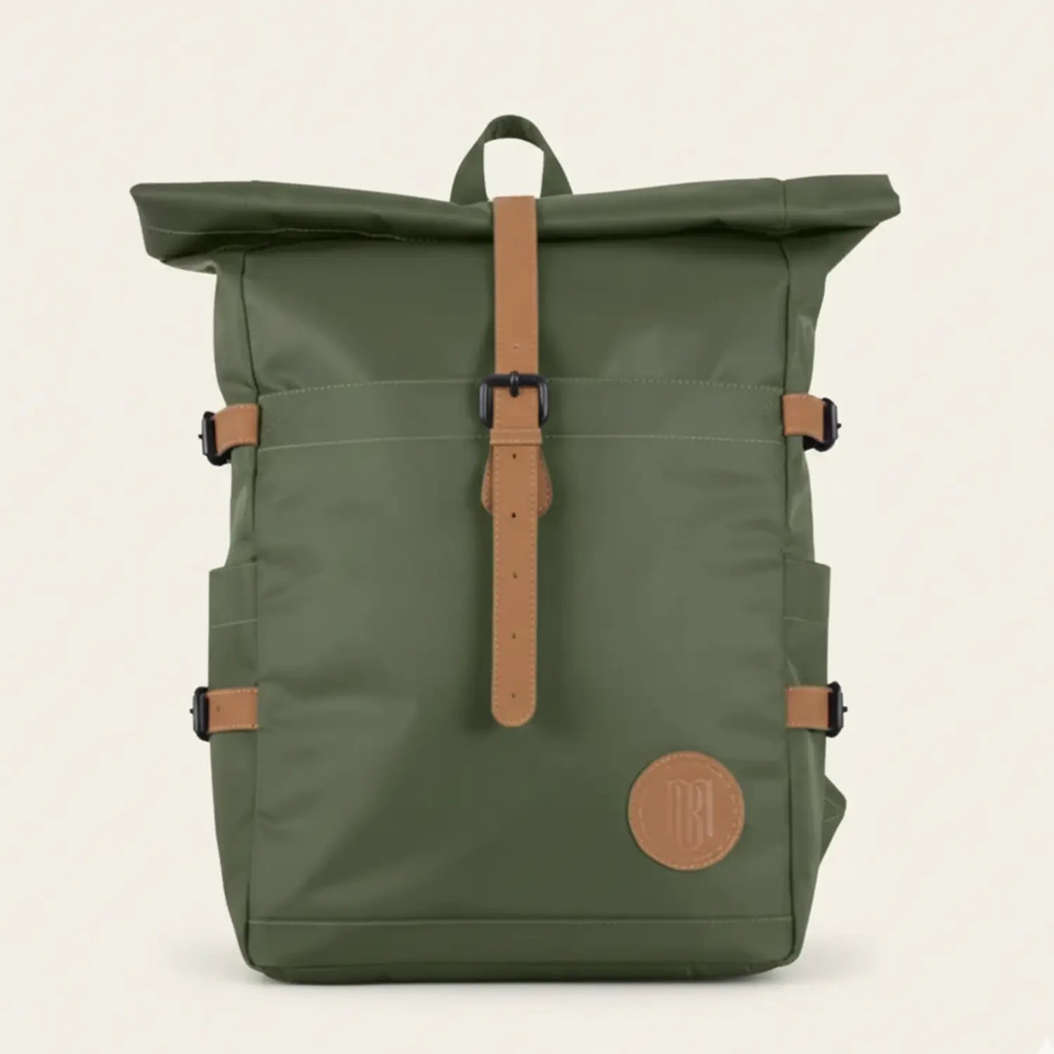 Green backpack with brown straps and logo on a beige background