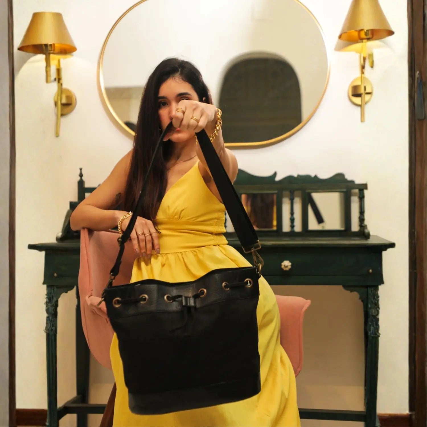 Bucket Crossbody Bag for Women - Black