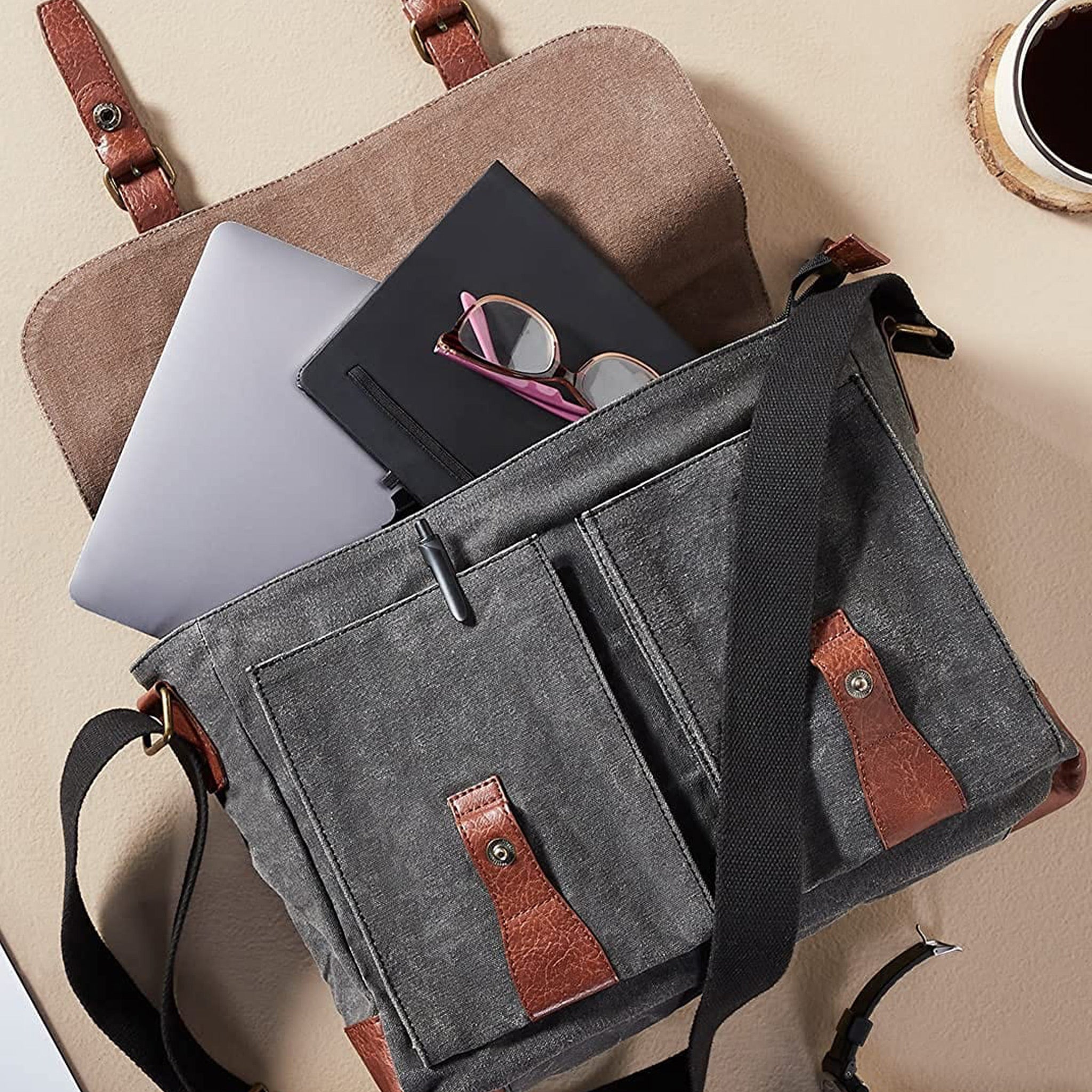 Mona B Upcycled Canvas Messenger Crossbody Laptop Bag for Upto 14" Laptop/Mac Book/Tablet with Stylish Design for Men and Women: Flap