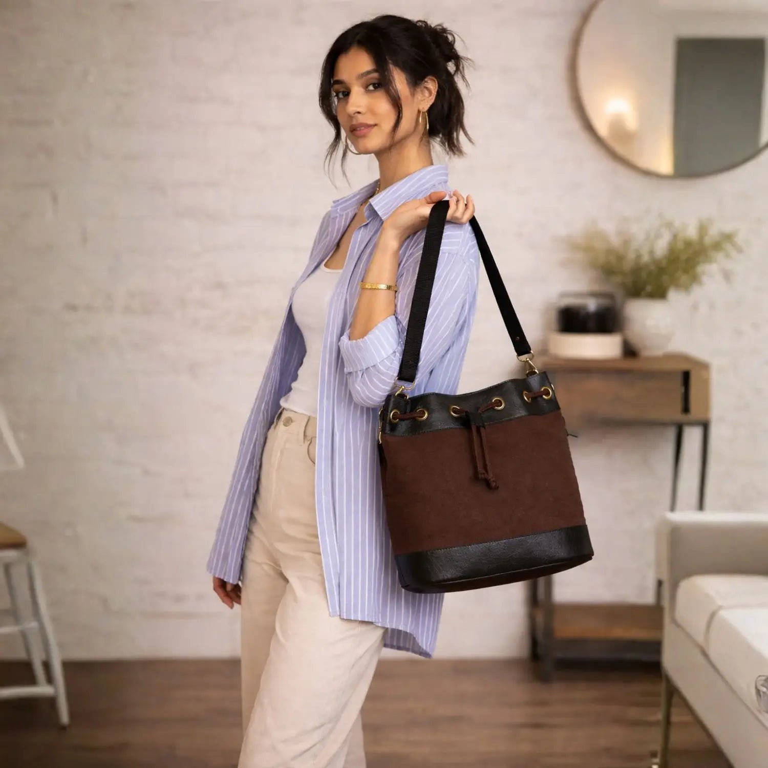 Bucket Crossbody Bag for Women - Chocolate