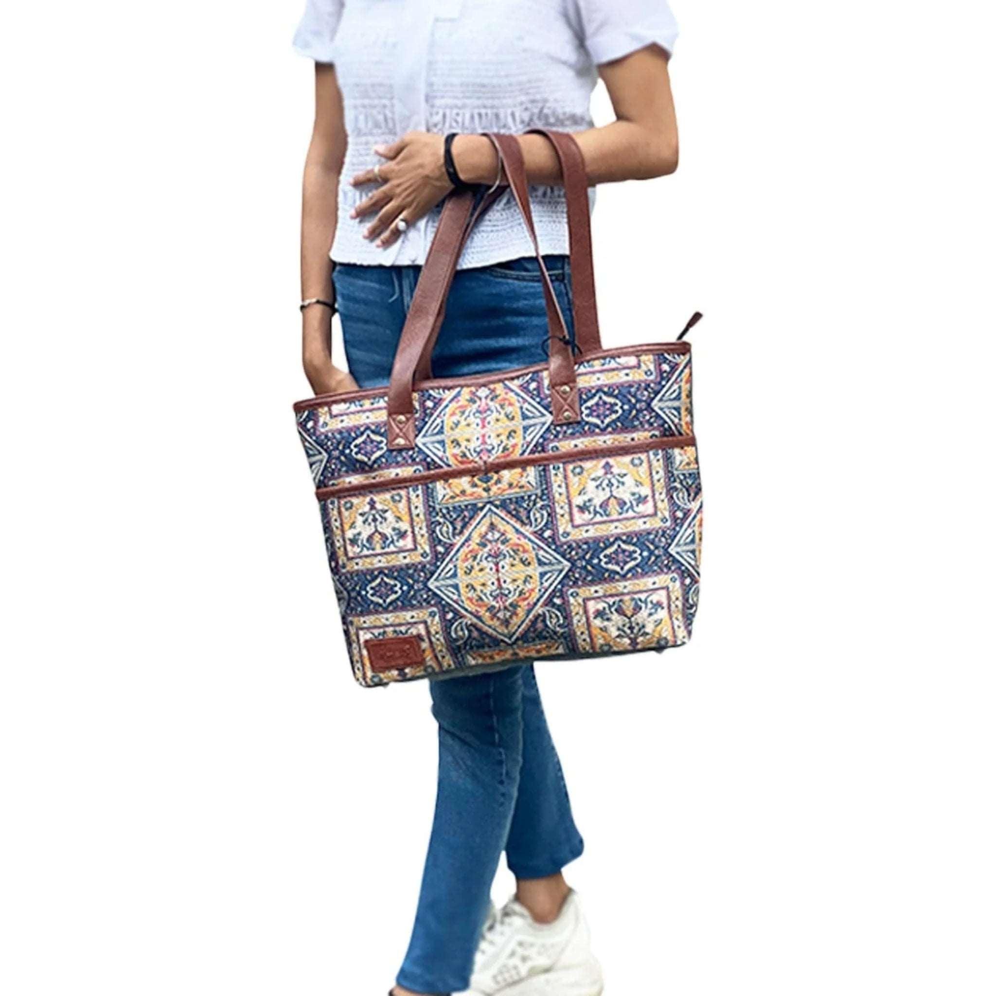 Mona B Canvas Large Vintage Handbag, Shoulder Bag, Zipper Tote Bag for Shopping, Travel with Stylish Design For Women (Chocolate, Kilim) - (M-7005)