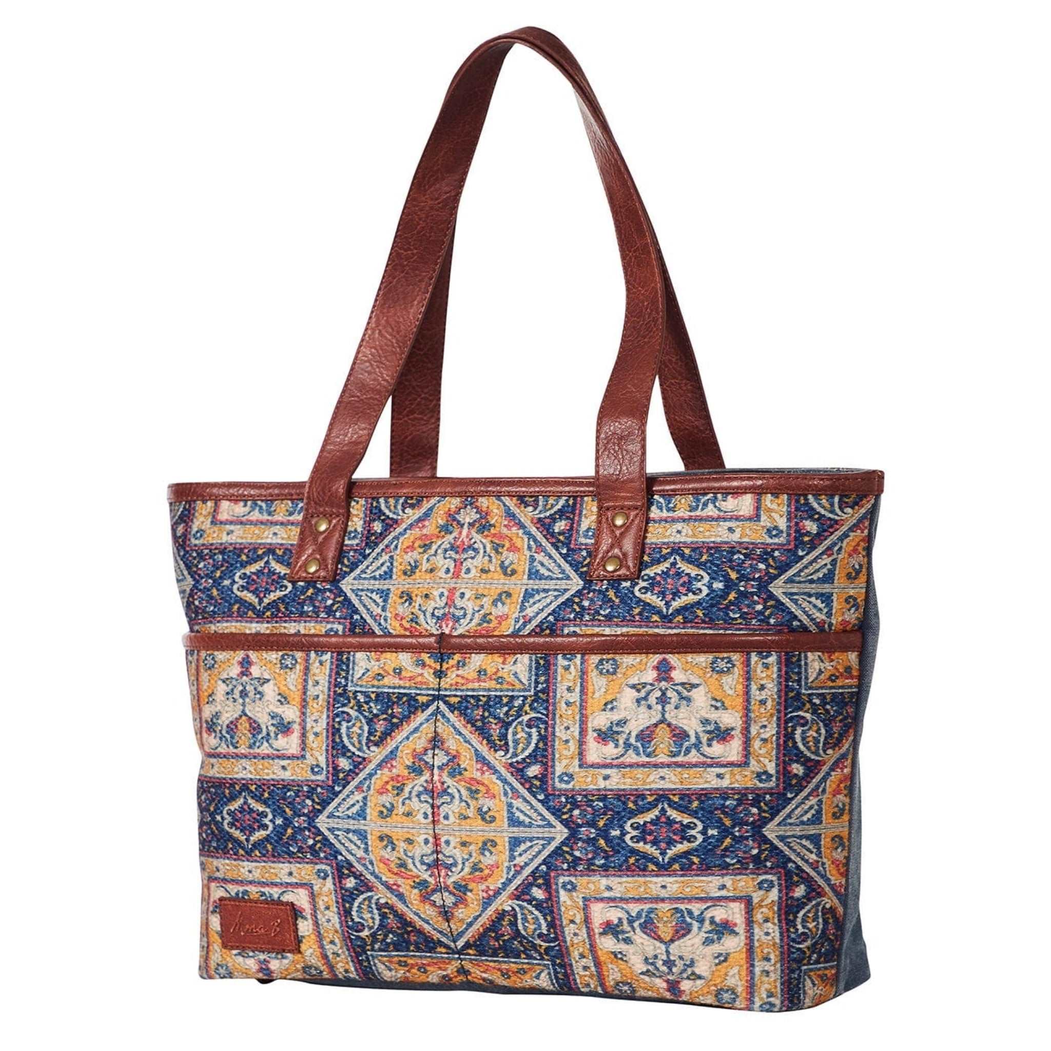 Mona B Canvas Large Vintage Handbag, Shoulder Bag, Zipper Tote Bag for Shopping, Travel with Stylish Design For Women (Chocolate, Kilim) - (M-7005)