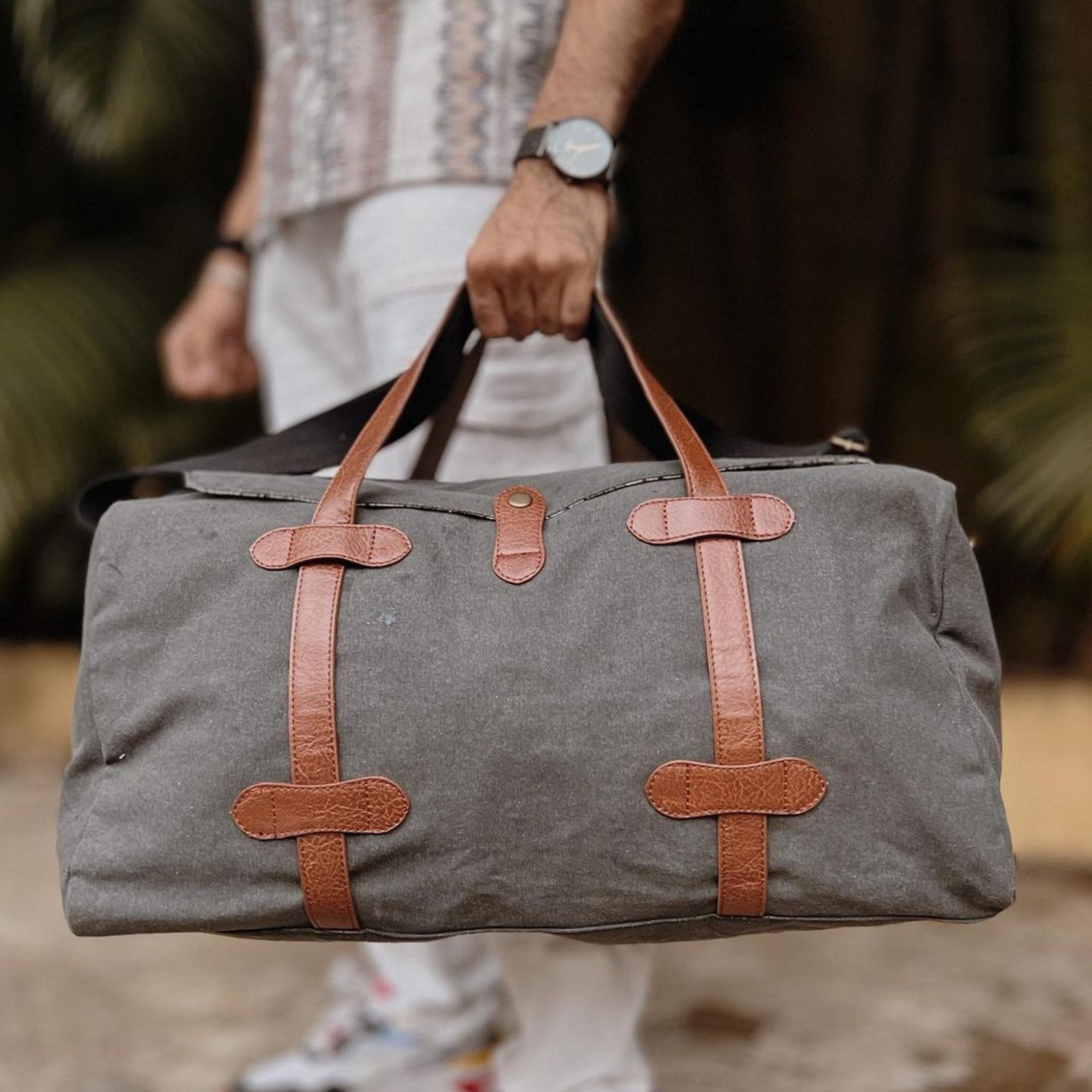 Mona B Upcycled Canvas Duffel Gym Travel and Sports Bag with Stylish Design for Men and Women: Flap