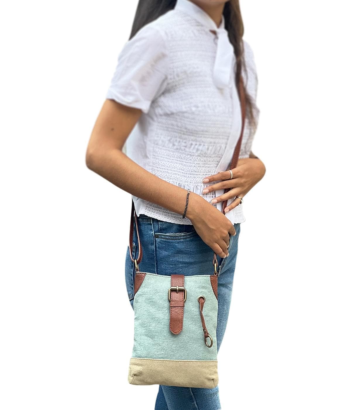 Mona B - 100% Cotton Canvas Small Messenger Crossbody Vintage Sling Bag with Stylish Design for Women (Sky) MonaB India