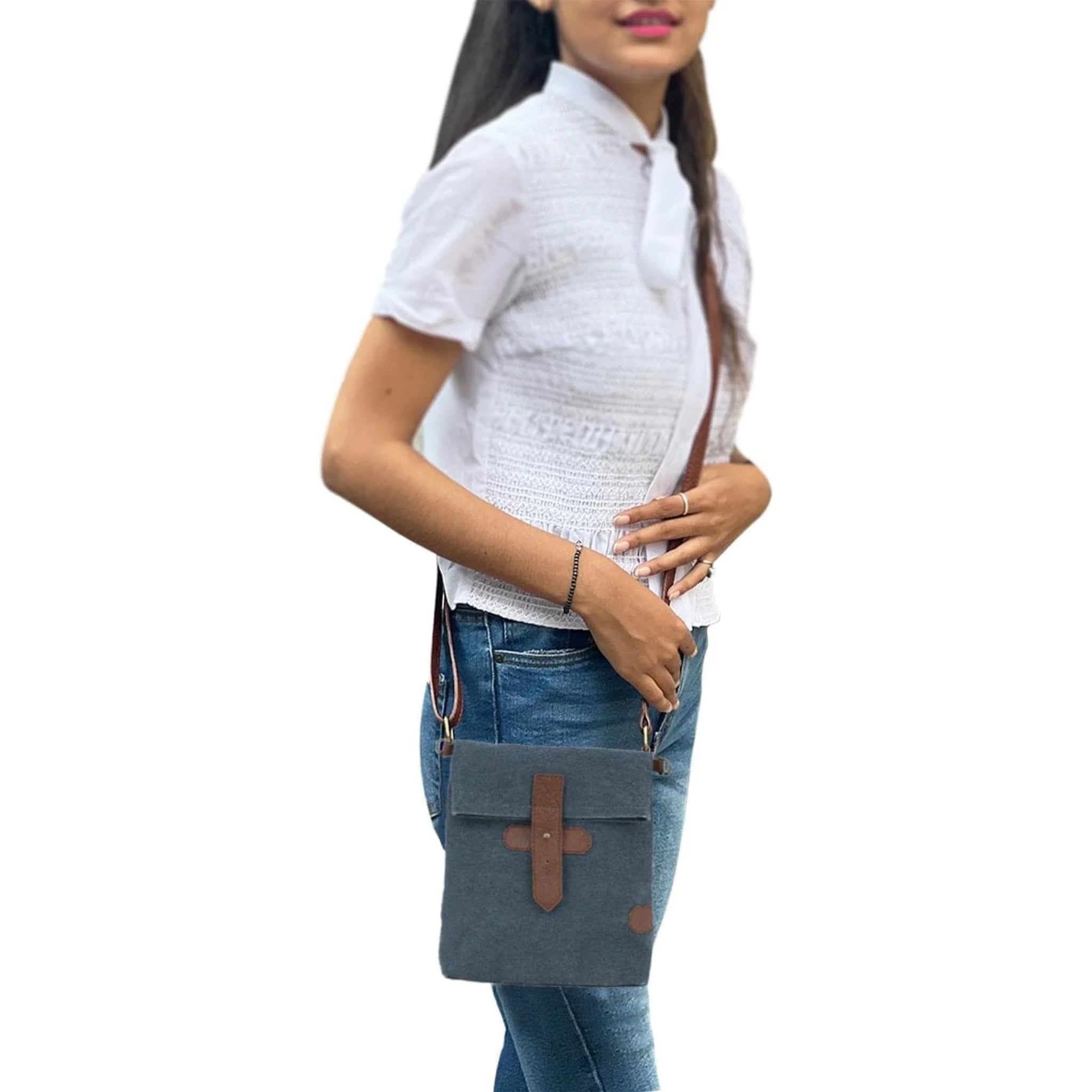 Mona B - 100% Cotton Canvas Small Messenger Crossbody Vintage Sling Bag with Stylish Design for Women: Sky (Navy) MonaB India