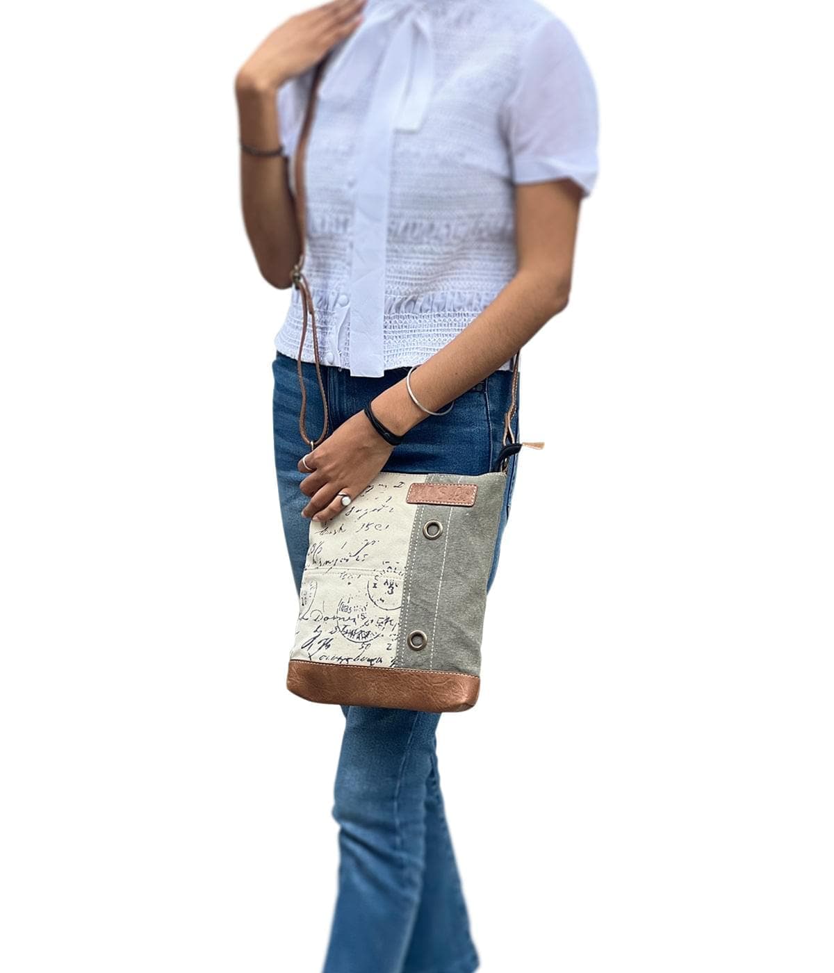 Mona B - Cotton Canvas Messenger Crossbody Sling Bag with Stylish Design for Women: Vintage Script Cream MonaB India