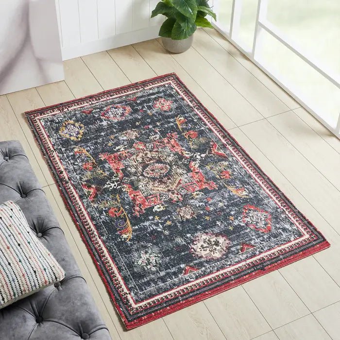 Printed Vintage Traditional Dhurrie Carpet 3.5x5.5ft - Multicolor Print Floor Mat