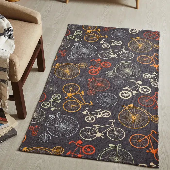 Bicycle Print Kids Room Dhurrie Carpet 3x5 Feet - Children's Floor Mat