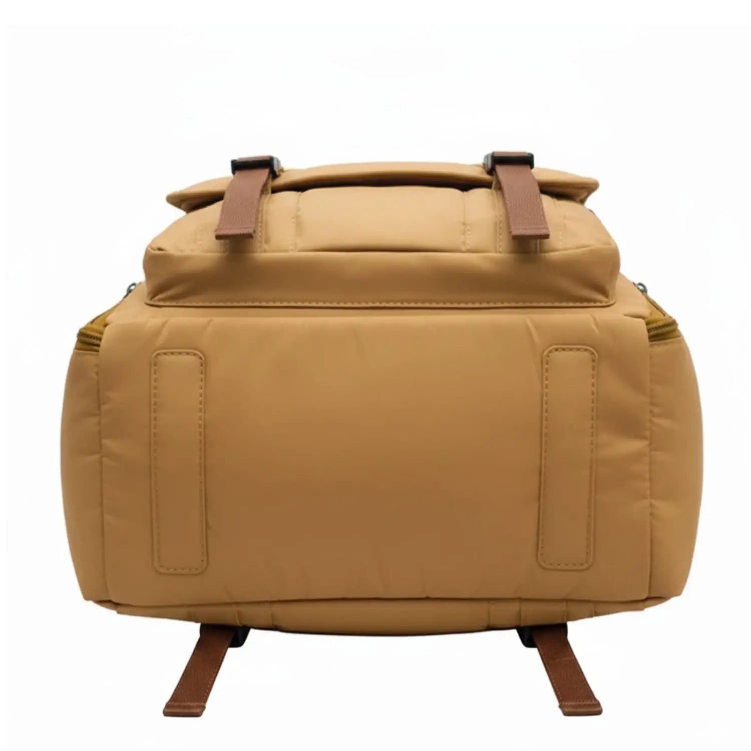 Mustard backpack with brown straps on a white background