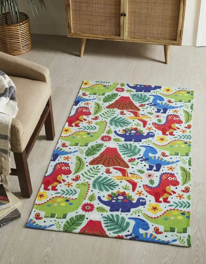 Dinosaur Kids Dhurrie Carpet 3x5 Feet - Colorful Floor Mat for Children