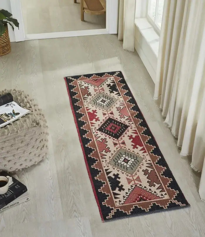 Multi Color Vintage Dhurrie Carpet Rug 1.83x6 Feet - Printed Hallway Floor Mat